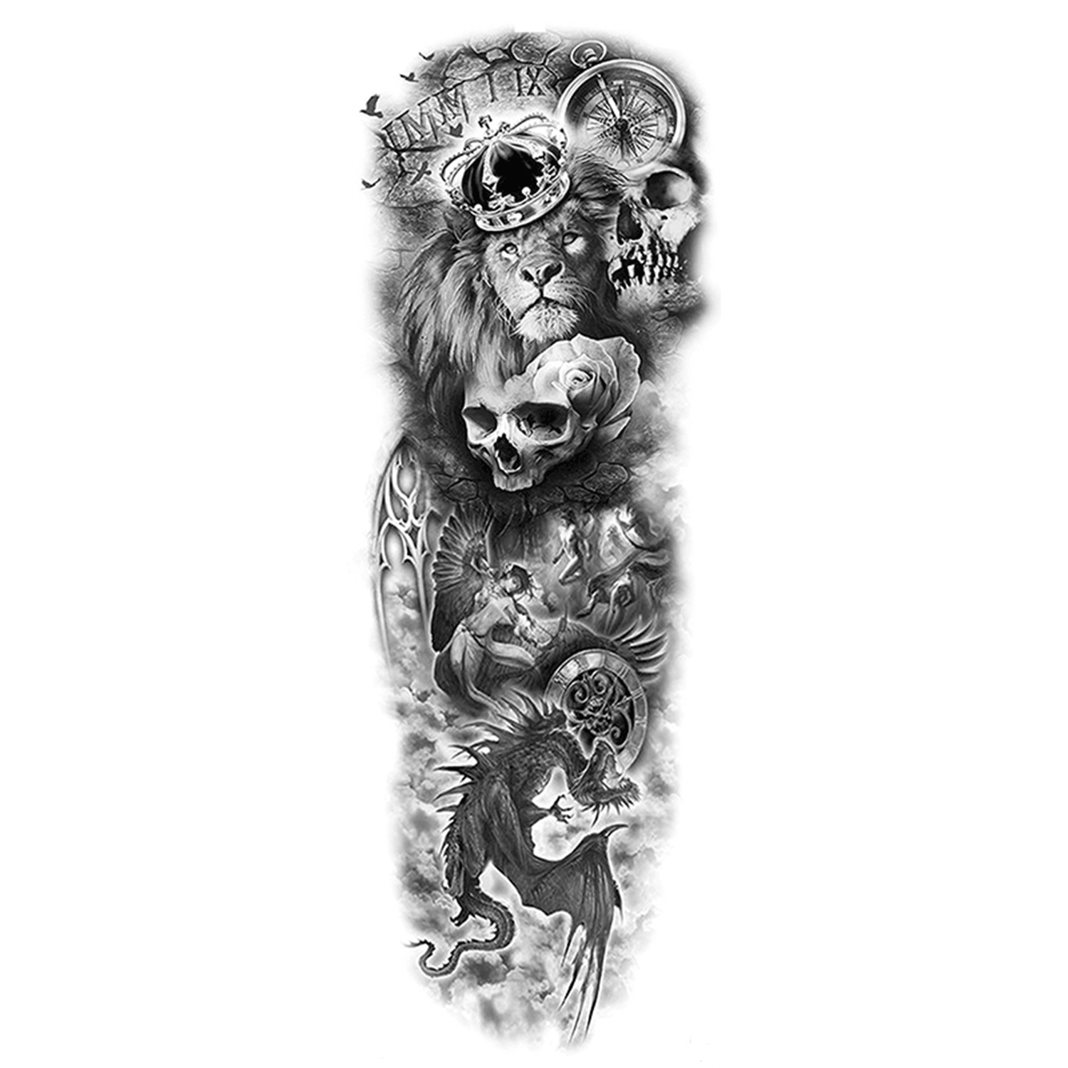 Dragon Ghost Lion Land Full-Sleeve Temporary Tattoo - StiCool