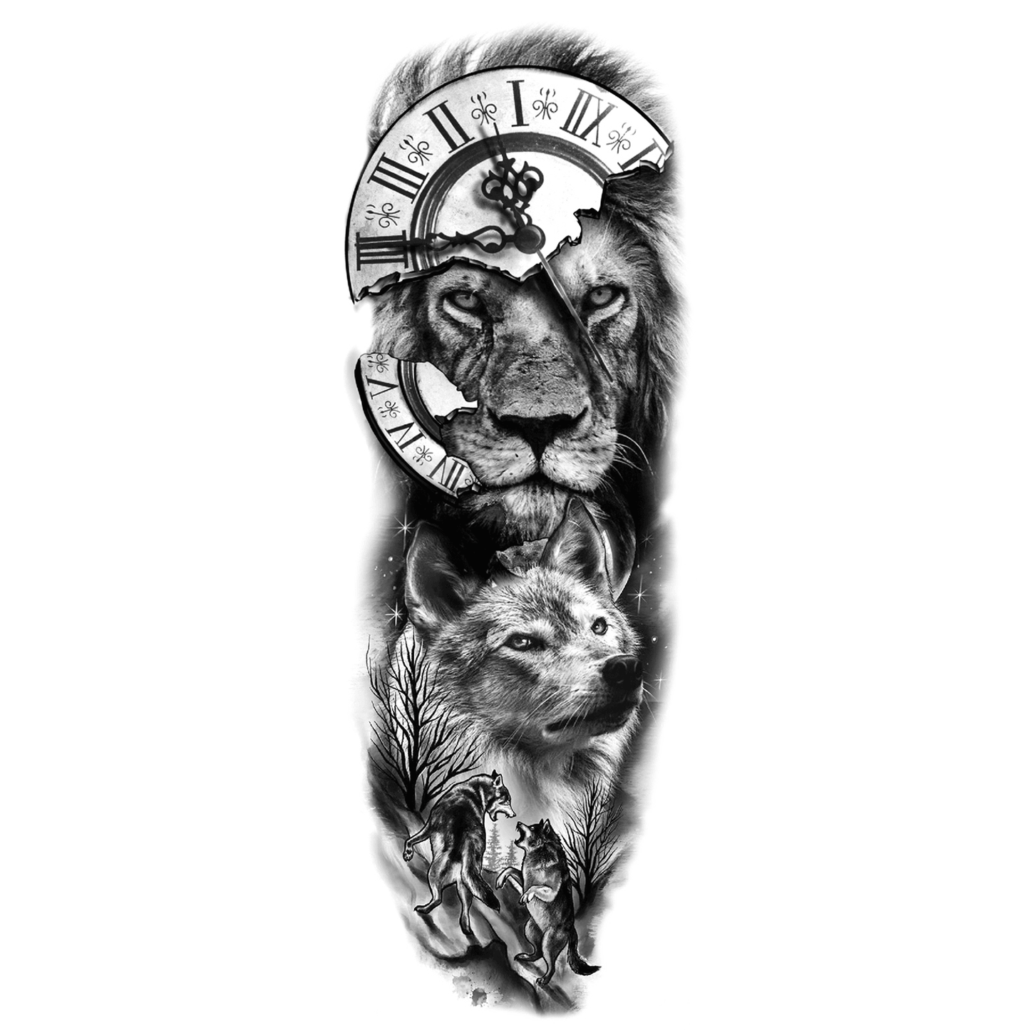 Lion Wolf Clock Full Sleeve Temporary Tattoo - StiCool