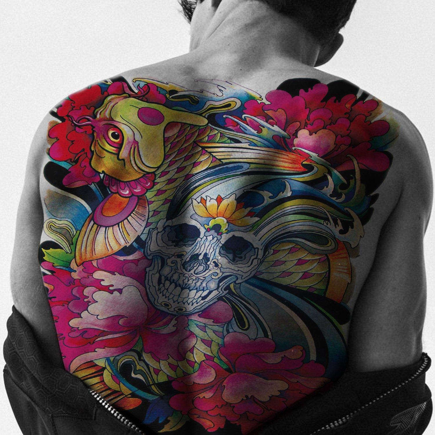 Skull Flower Carp Full Back Temporary Tattoo - StiCool