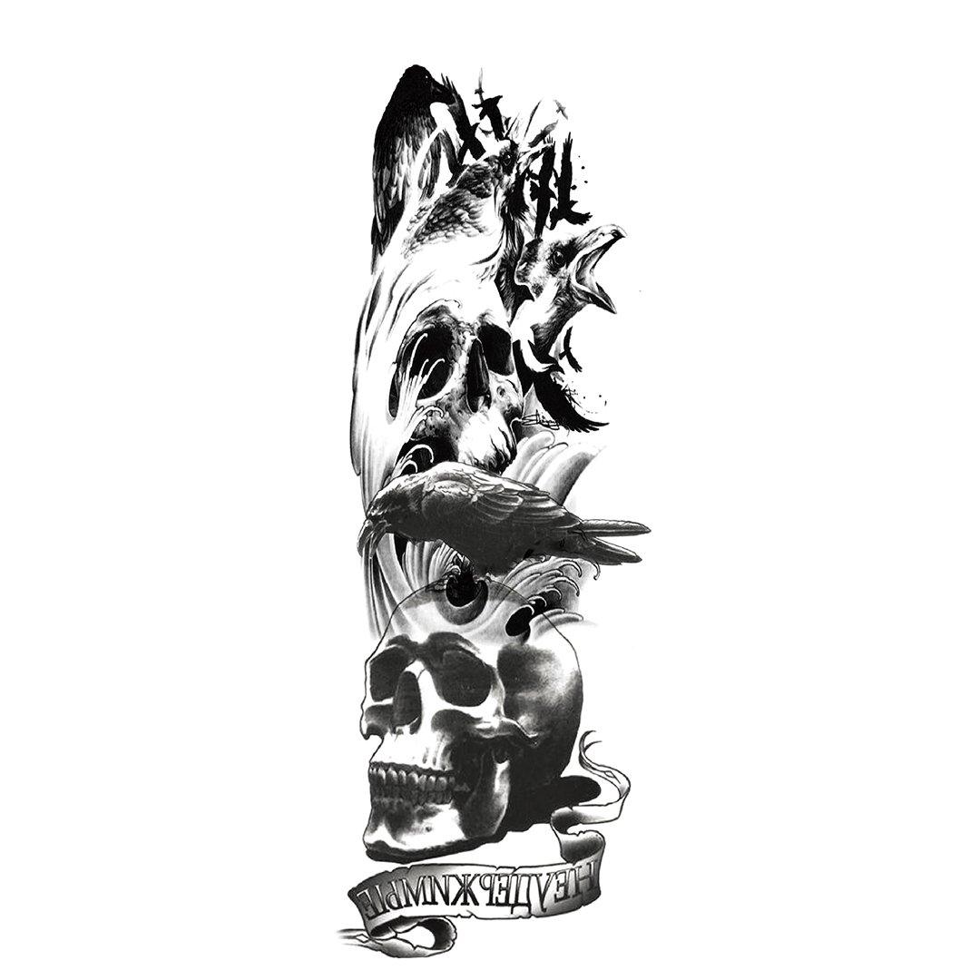 Spooky Skull Crow Full-Sleeve Temporary Tattoo - StiCool