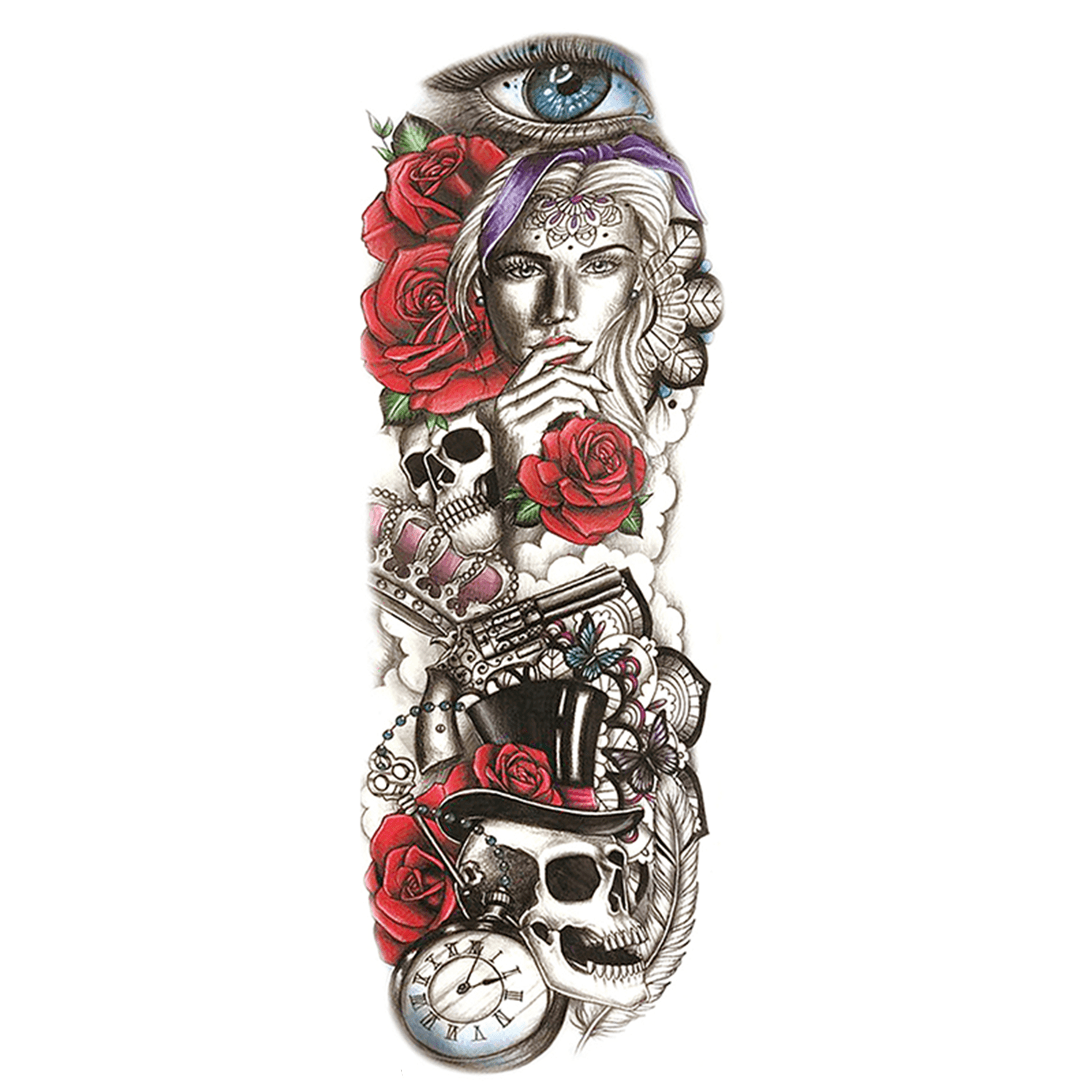 Skull Crown Rose Full Sleeve Temporary Tattoo - StiCool