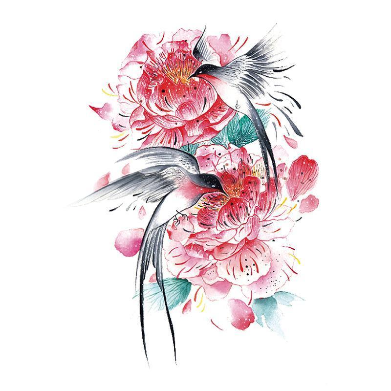 Chinese Rose & Birds Temporary Tattoo - StiCool