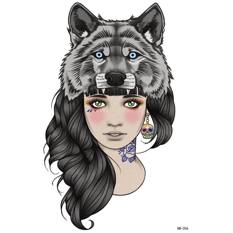 Wolf Head Lady Temporary Tattoo - StiCool