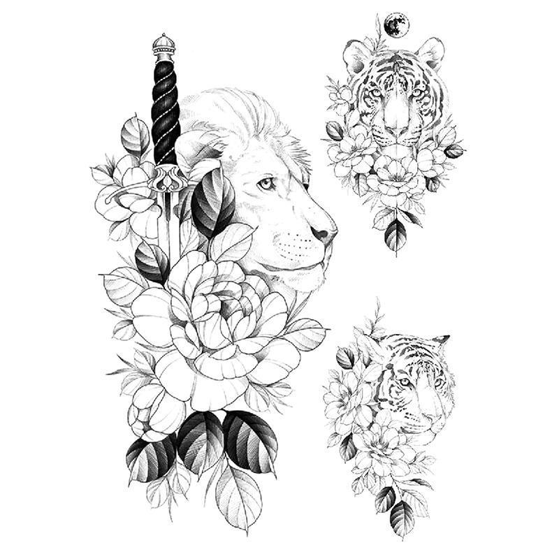 Lion & Tiger Flower Temporary Tattoo - StiCool