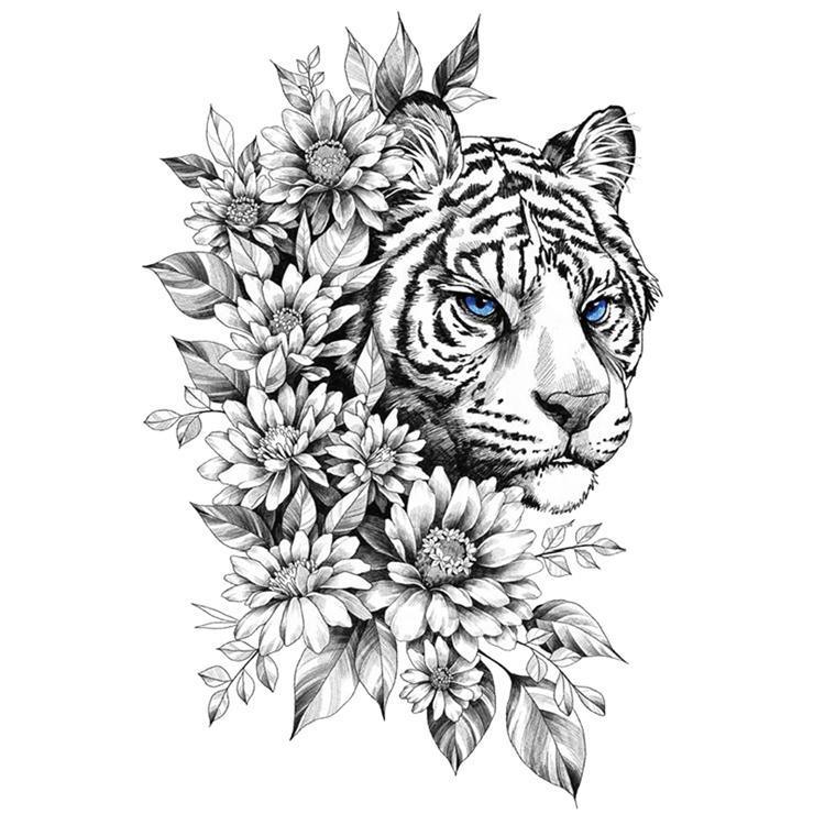 Flower Tiger Half Sleeve Temporary Tattoo - Body404