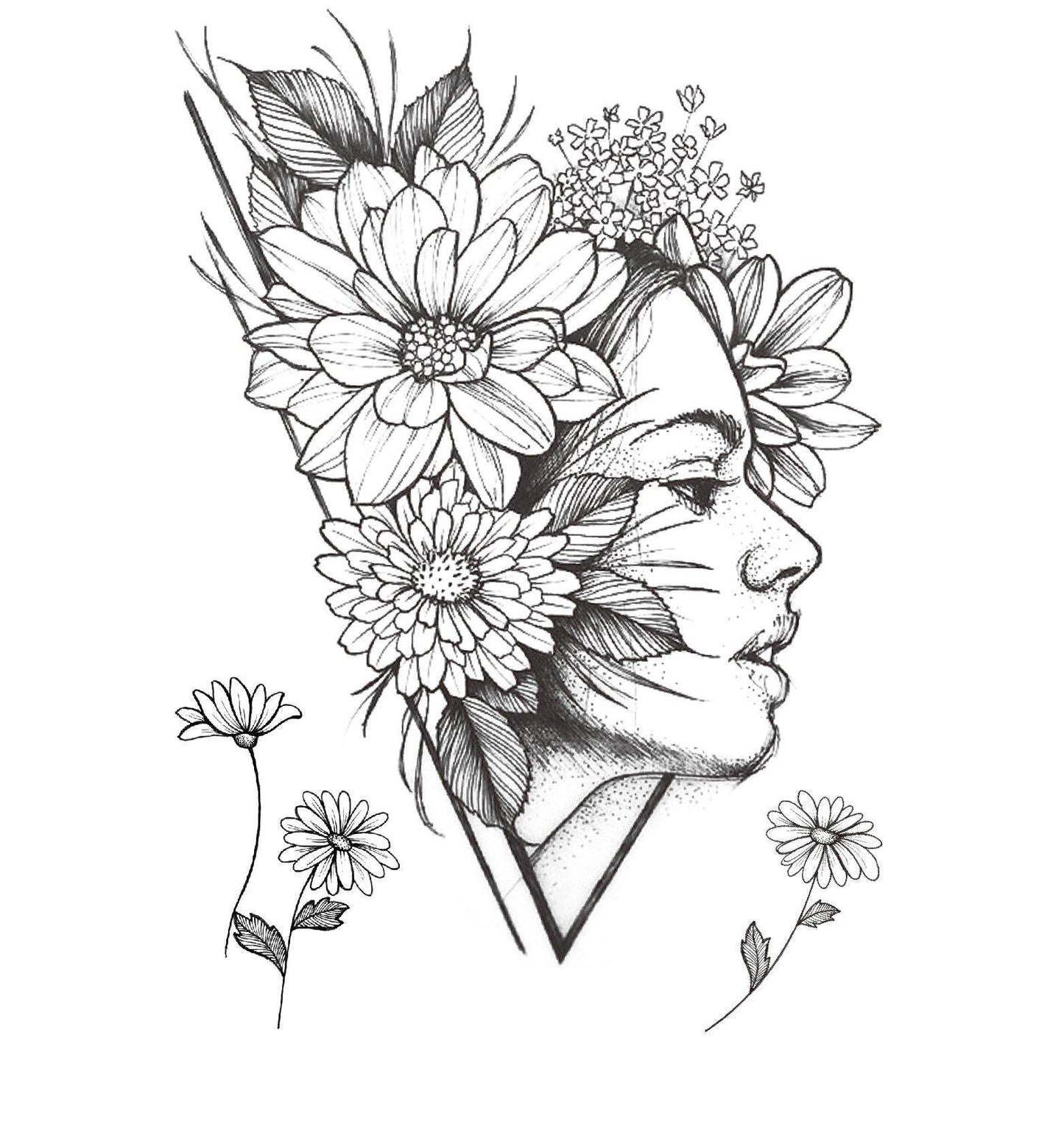 Floral Girl Side Face Temporary Tattoo - StiCool