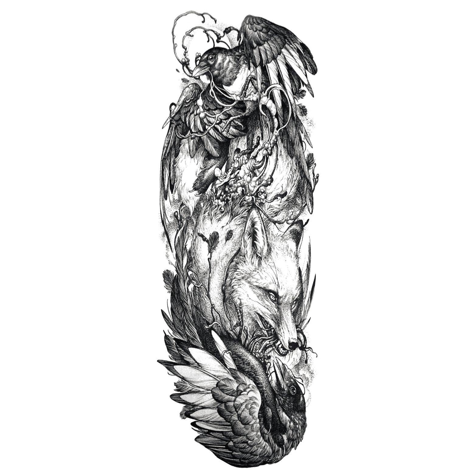 Crow & Wolf Full-Sleeve Temporary Tattoo - Body404